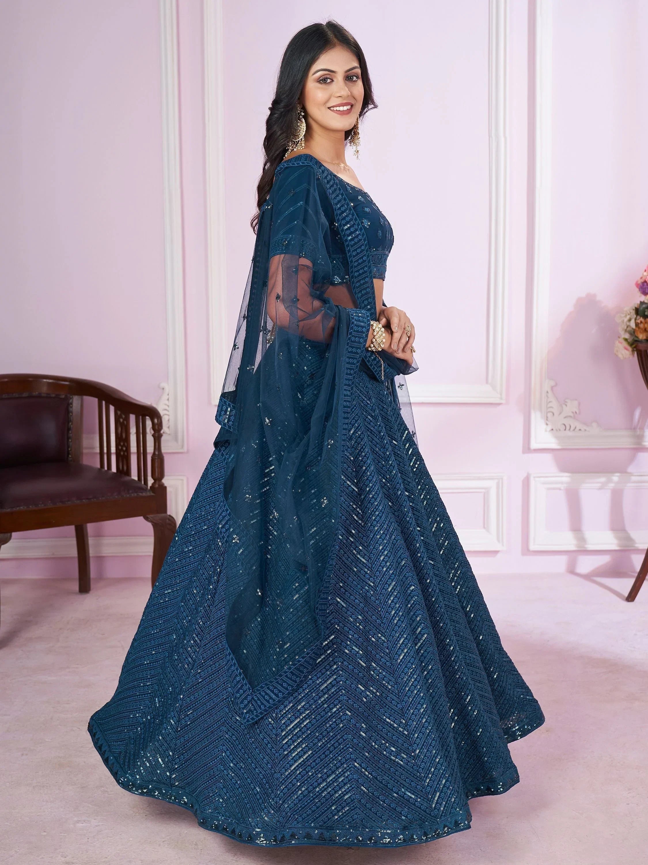 Stunning Teal Blue Sequins Georgette Wedding Wear Lehenga Choli