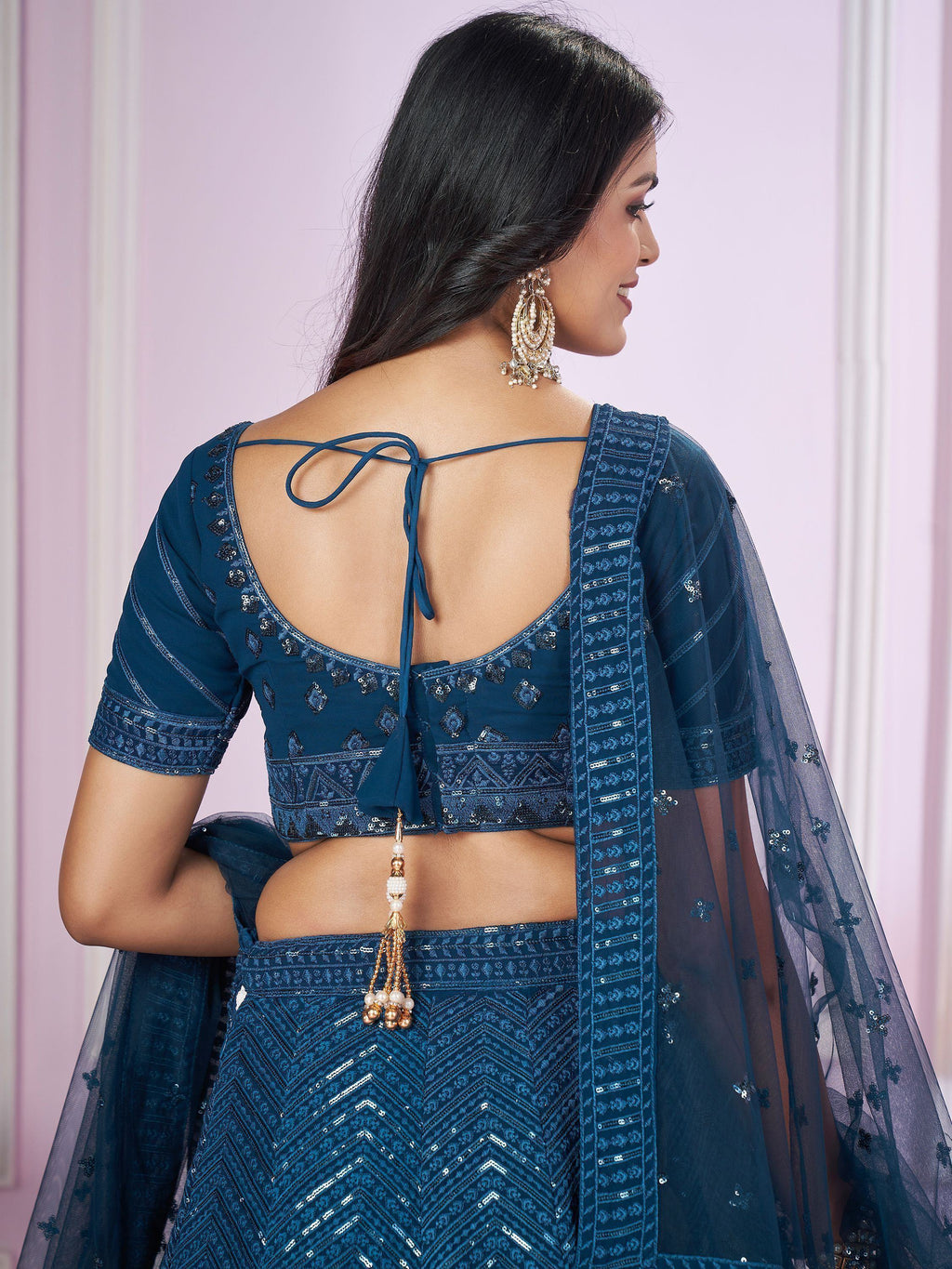Stunning Teal Blue Sequins Georgette Wedding Wear Lehenga Choli