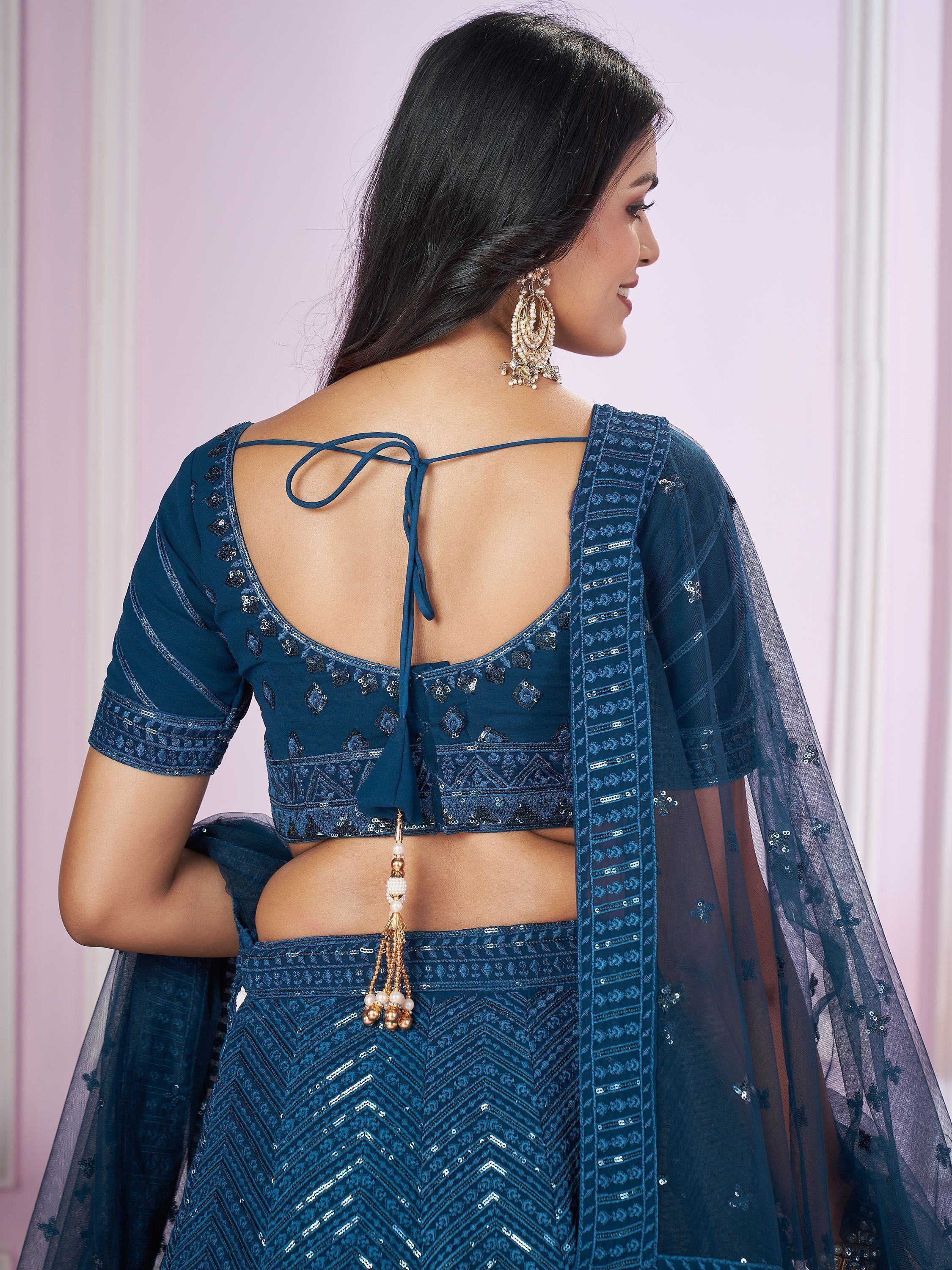 Stunning Teal Blue Sequins Georgette Wedding Wear Lehenga Choli