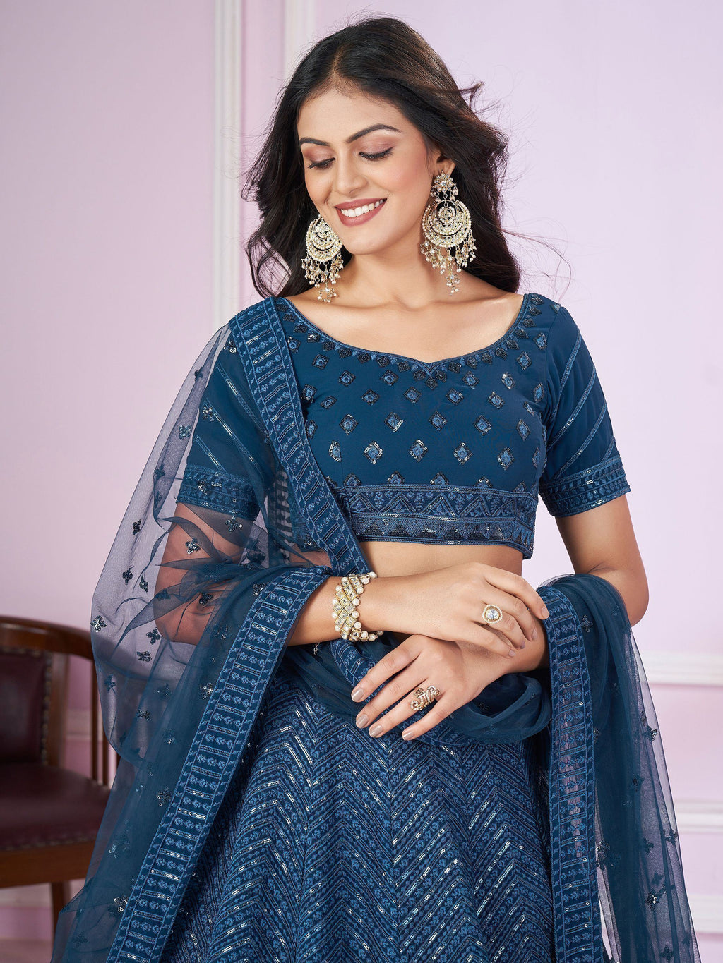 Stunning Teal Blue Sequins Georgette Wedding Wear Lehenga Choli