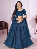 Stunning Teal Blue Sequins Georgette Wedding Wear Lehenga Choli