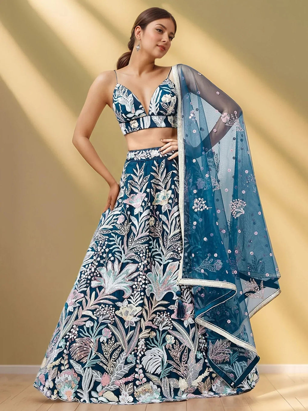 Stunning Teal Blue Sequins Net Designer Lehenga Choli With Dupatta