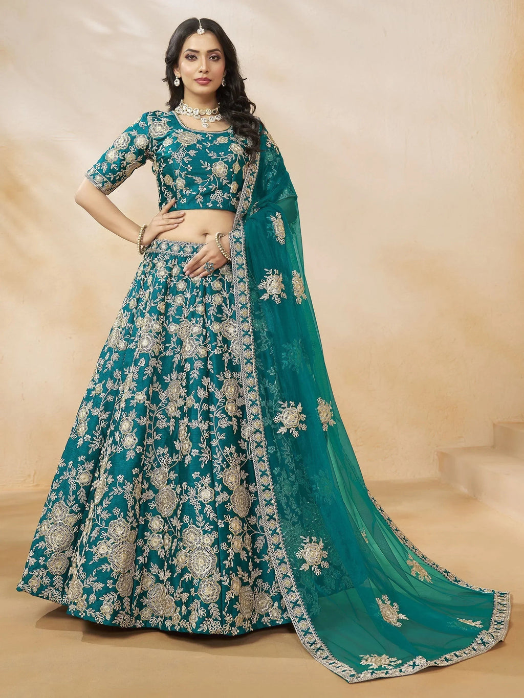 Stunning Teal Green Silk Function Wear Lehenga Choli With Dupatta