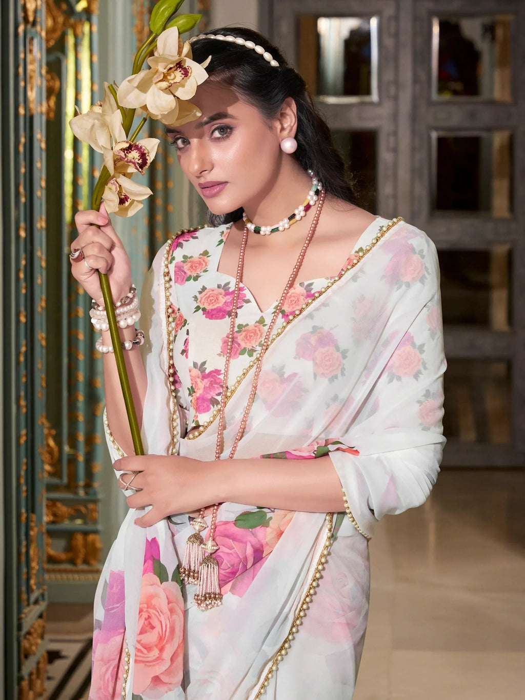 White Artistic Georgette Floral Printed Saree With Blouse