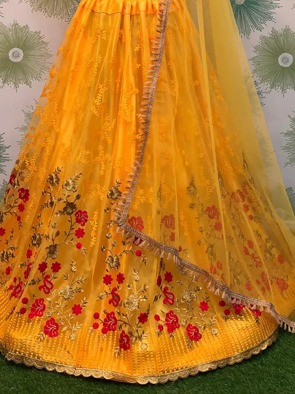 Stunning Yellow Thread Work Net Wedding Wear Lehenga Choli