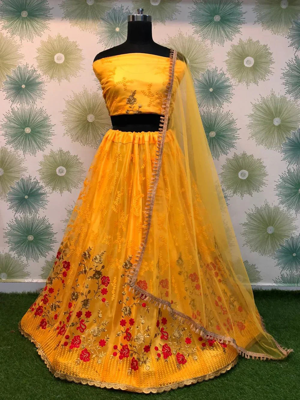 Stunning Yellow Thread Work Net Wedding Wear Lehenga Choli