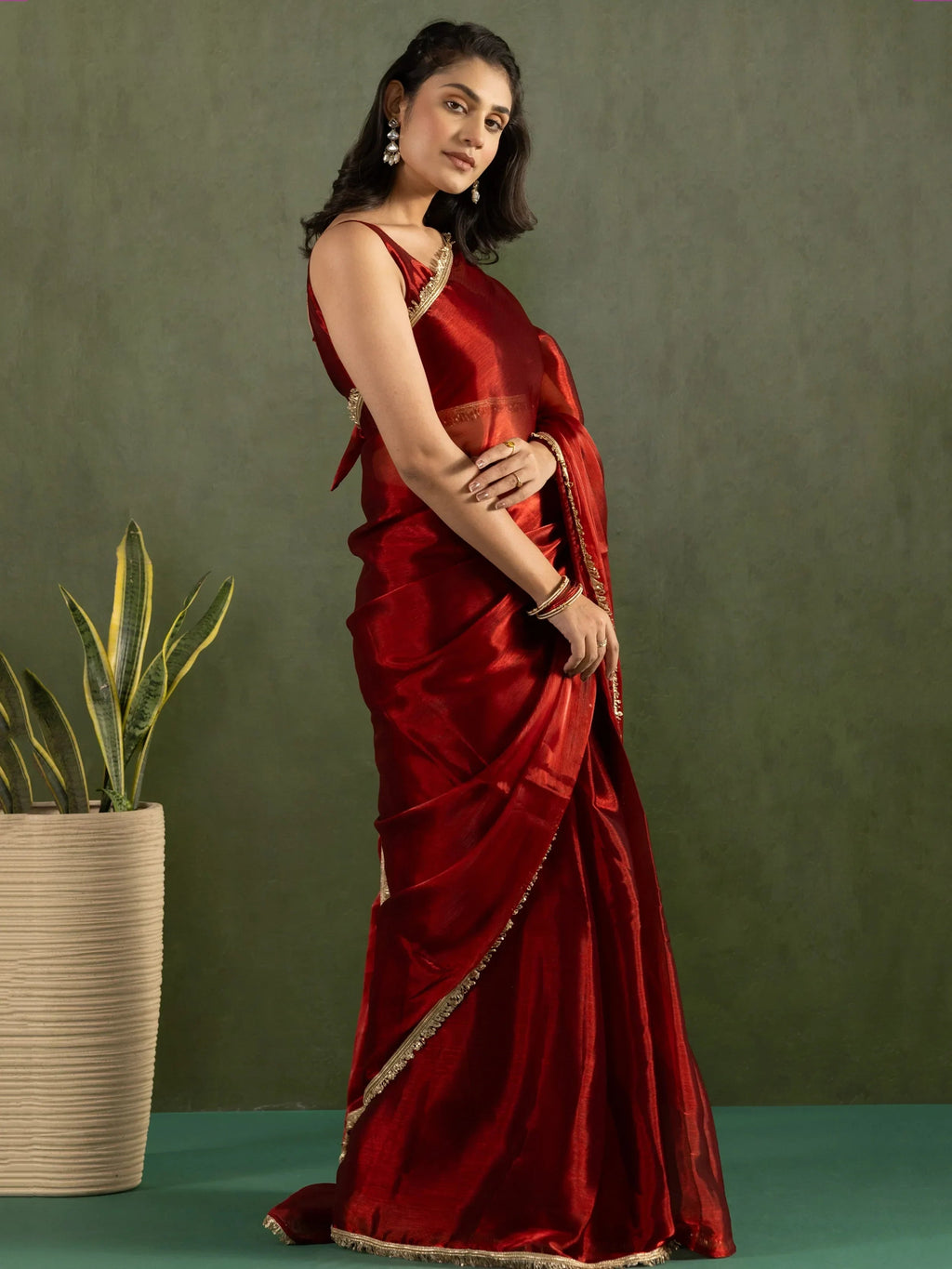 Red Majestic Bordered Chiffon One Minute Saree With Blouse
