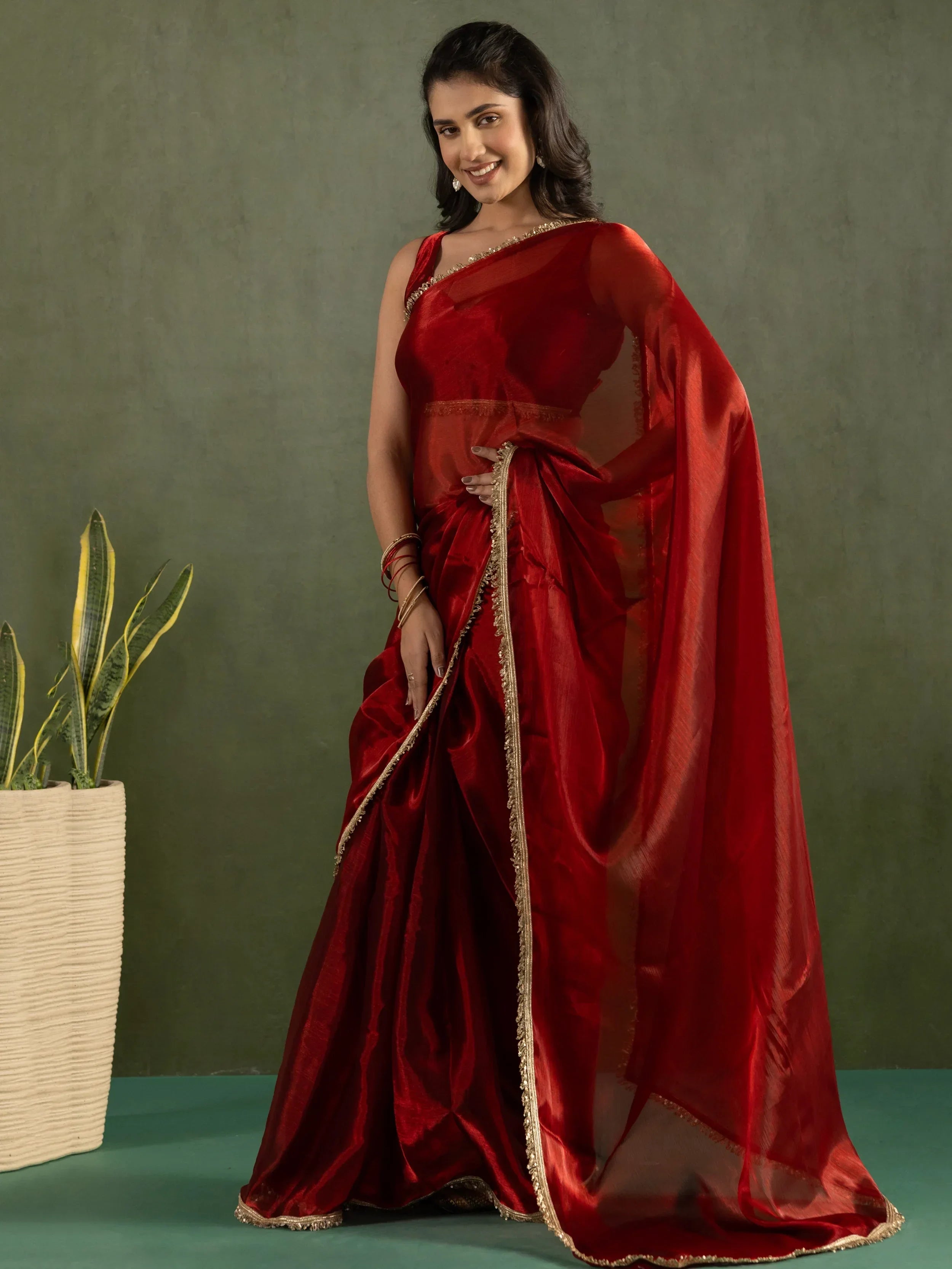 Red Majestic Bordered Chiffon One Minute Saree With Blouse