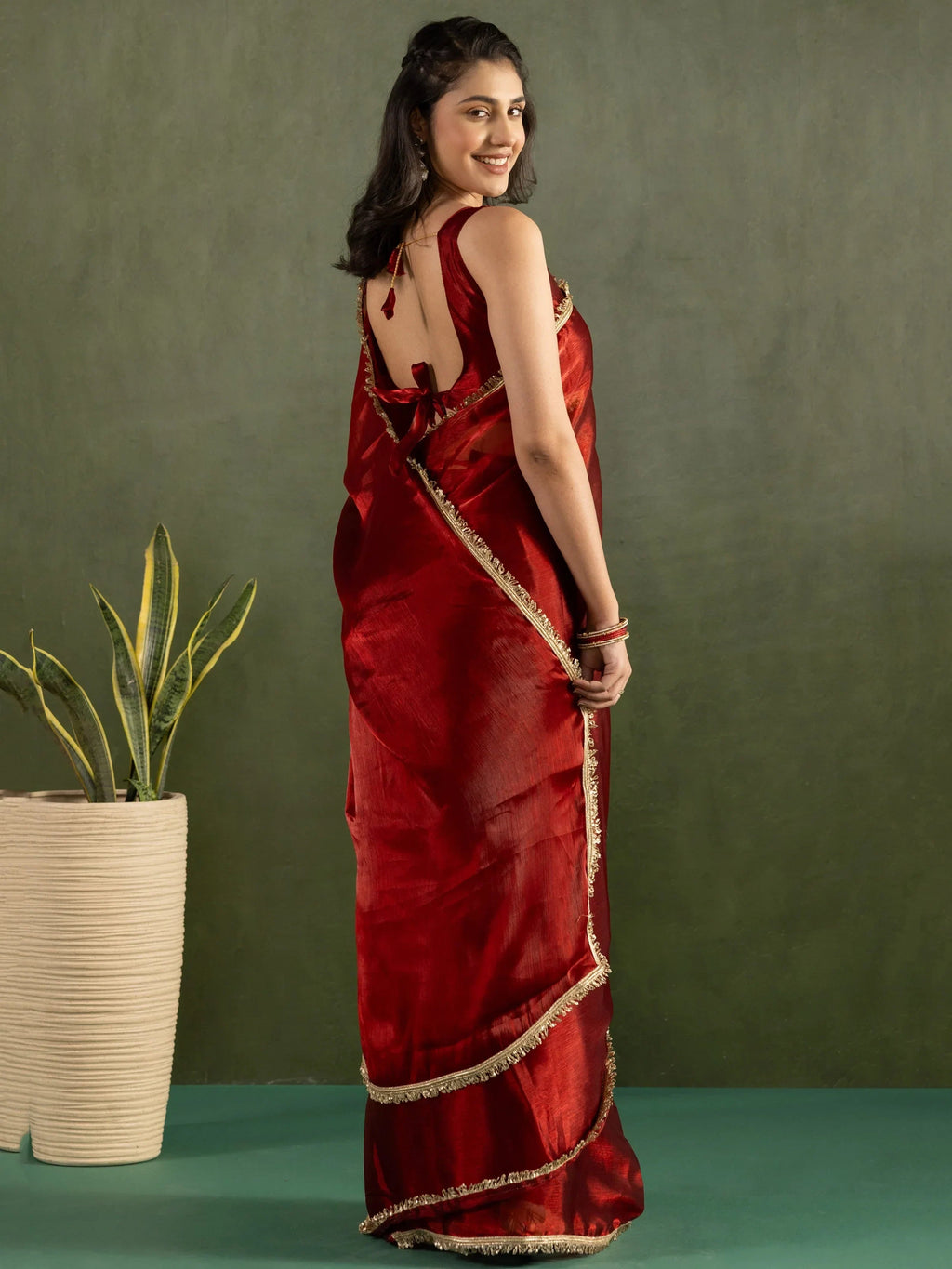 Red Majestic Bordered Chiffon One Minute Saree With Blouse