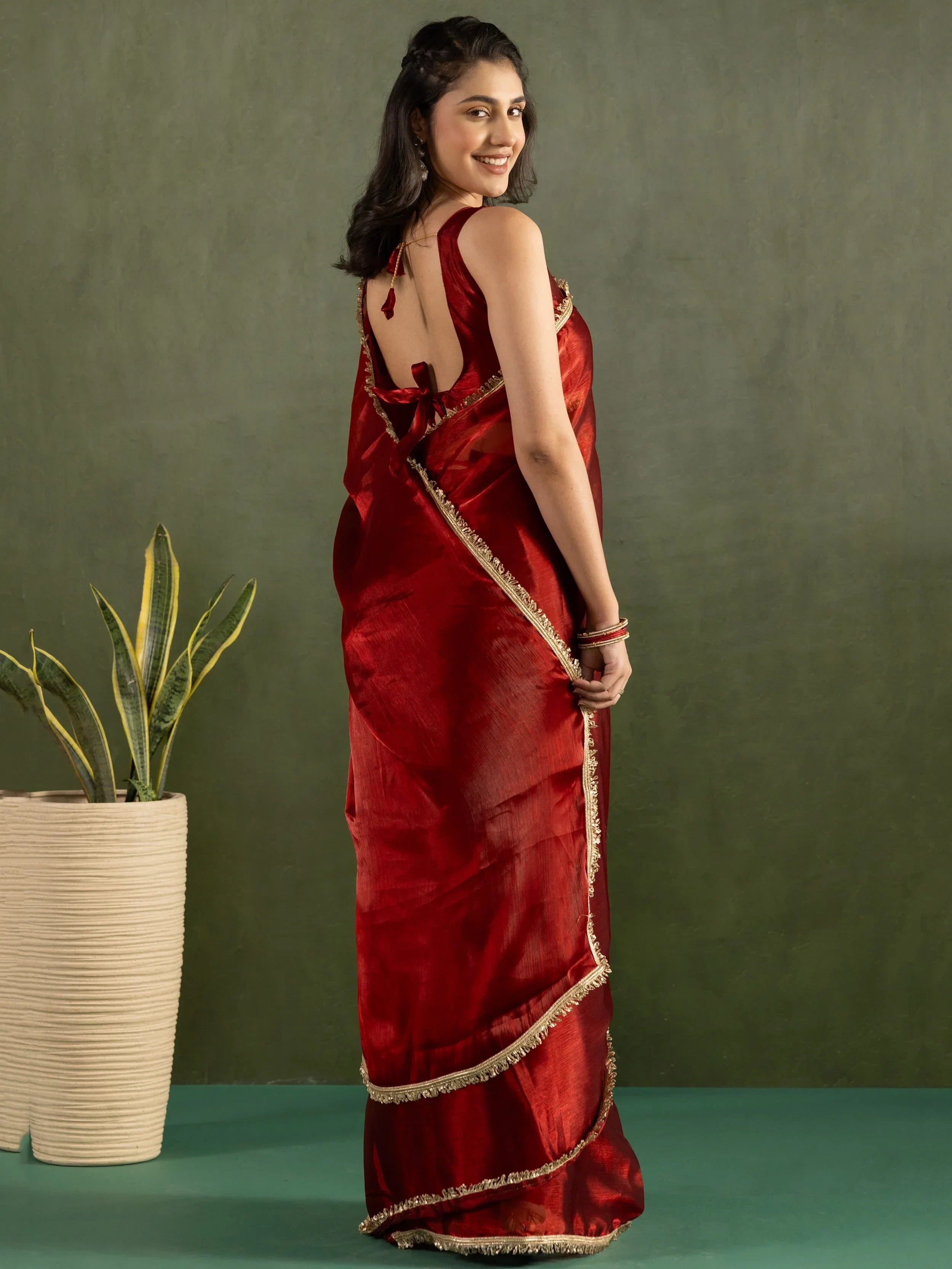 Red Majestic Bordered Chiffon One Minute Saree With Blouse