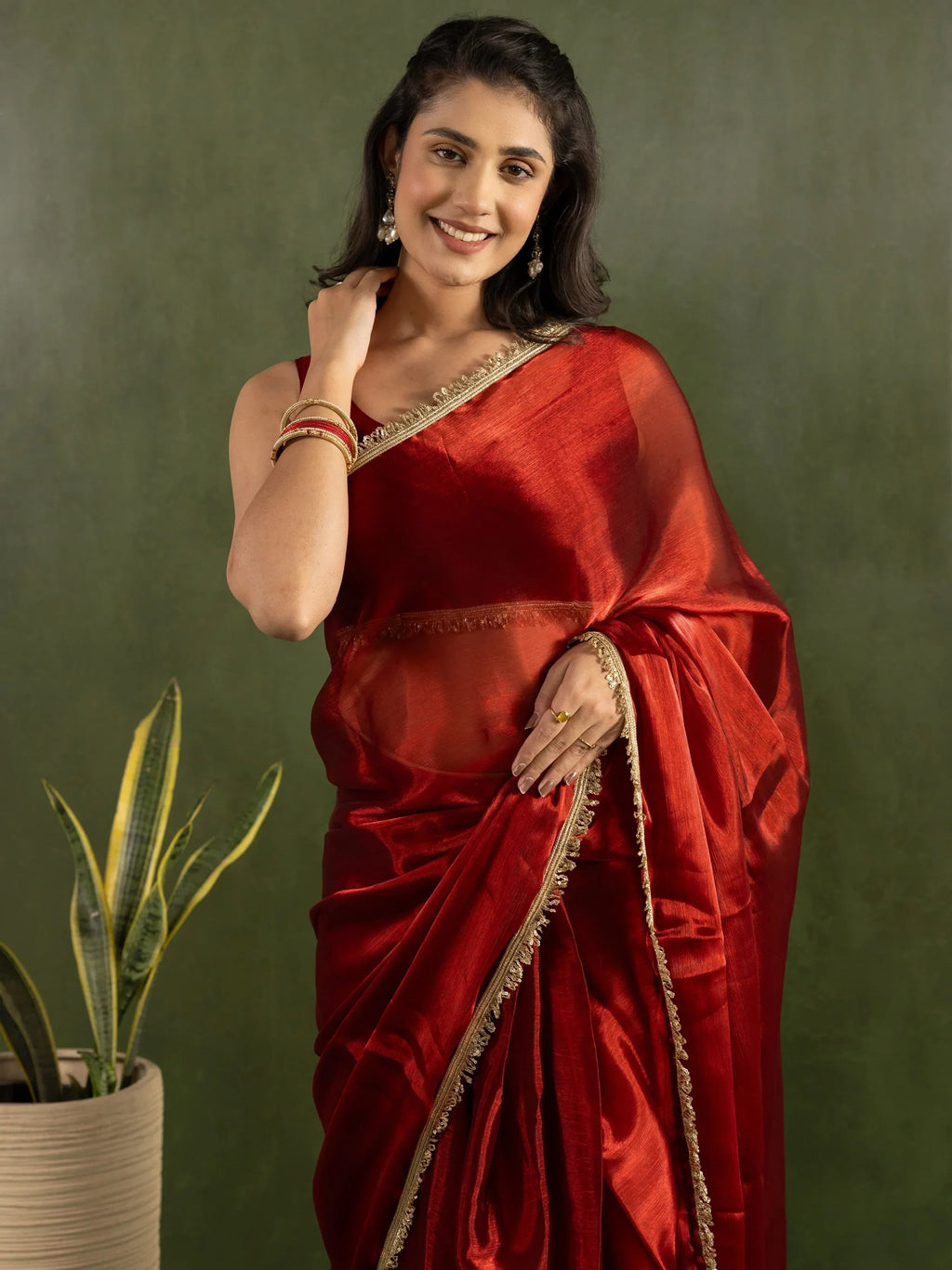 Red Majestic Bordered Chiffon One Minute Saree With Blouse