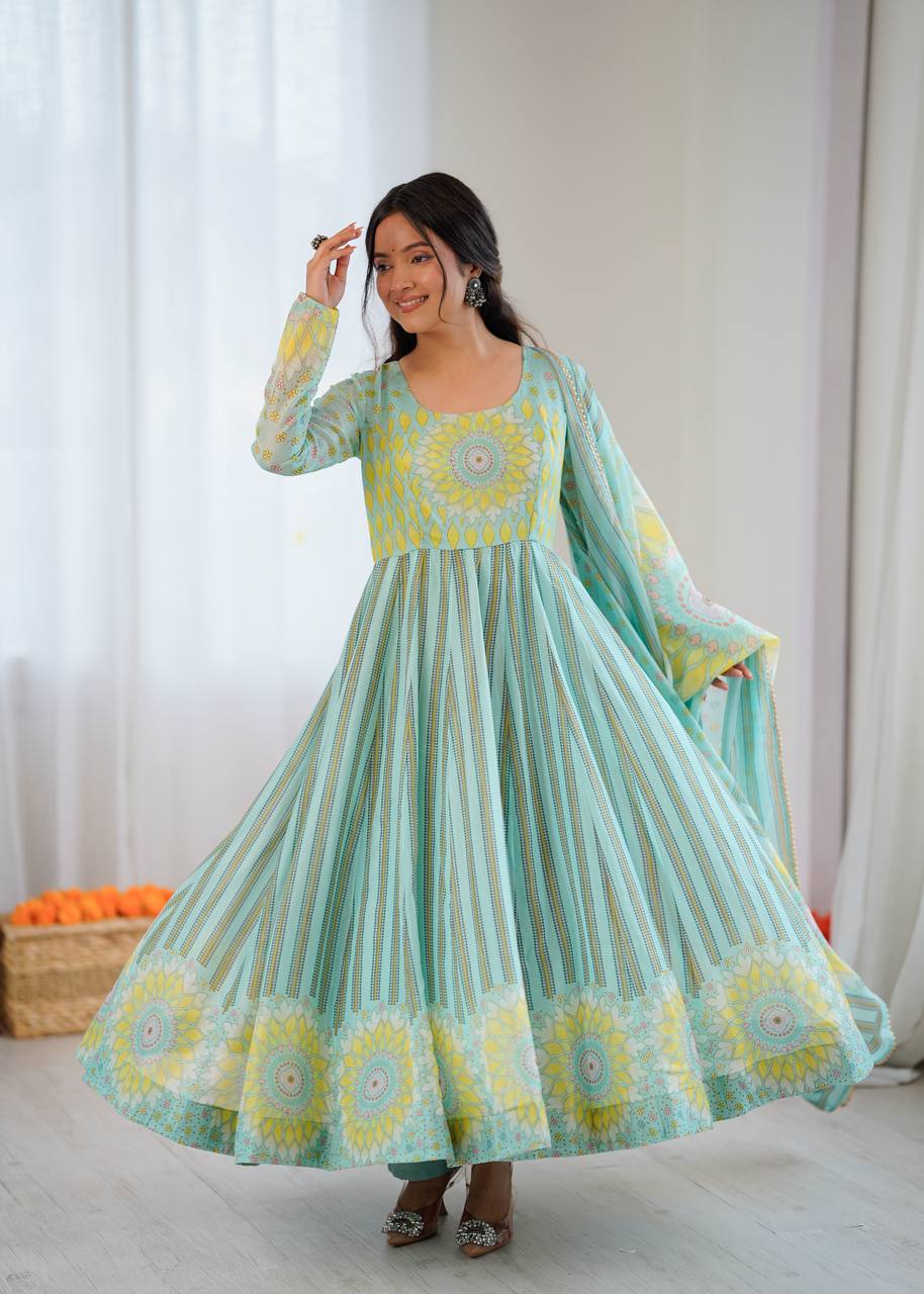 Sunkissed Floral Print Organza Gown with Dupatta and Pant