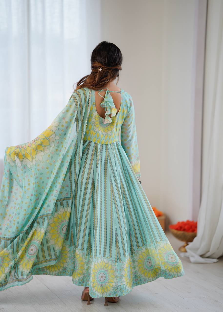 Sunkissed Floral Print Organza Gown with Dupatta and Pant