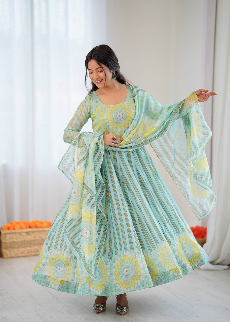 Sunkissed Floral Print Organza Gown with Dupatta and Pant