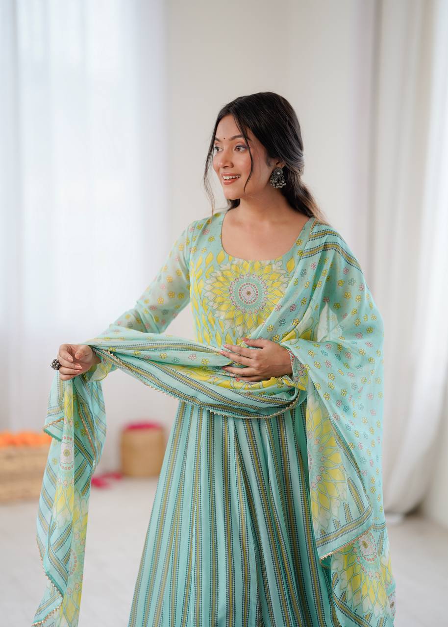 Sunkissed Floral Print Organza Gown with Dupatta and Pant