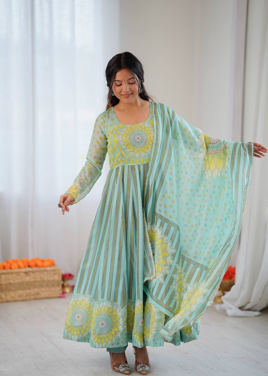 Sunkissed Floral Print Organza Gown with Dupatta and Pant