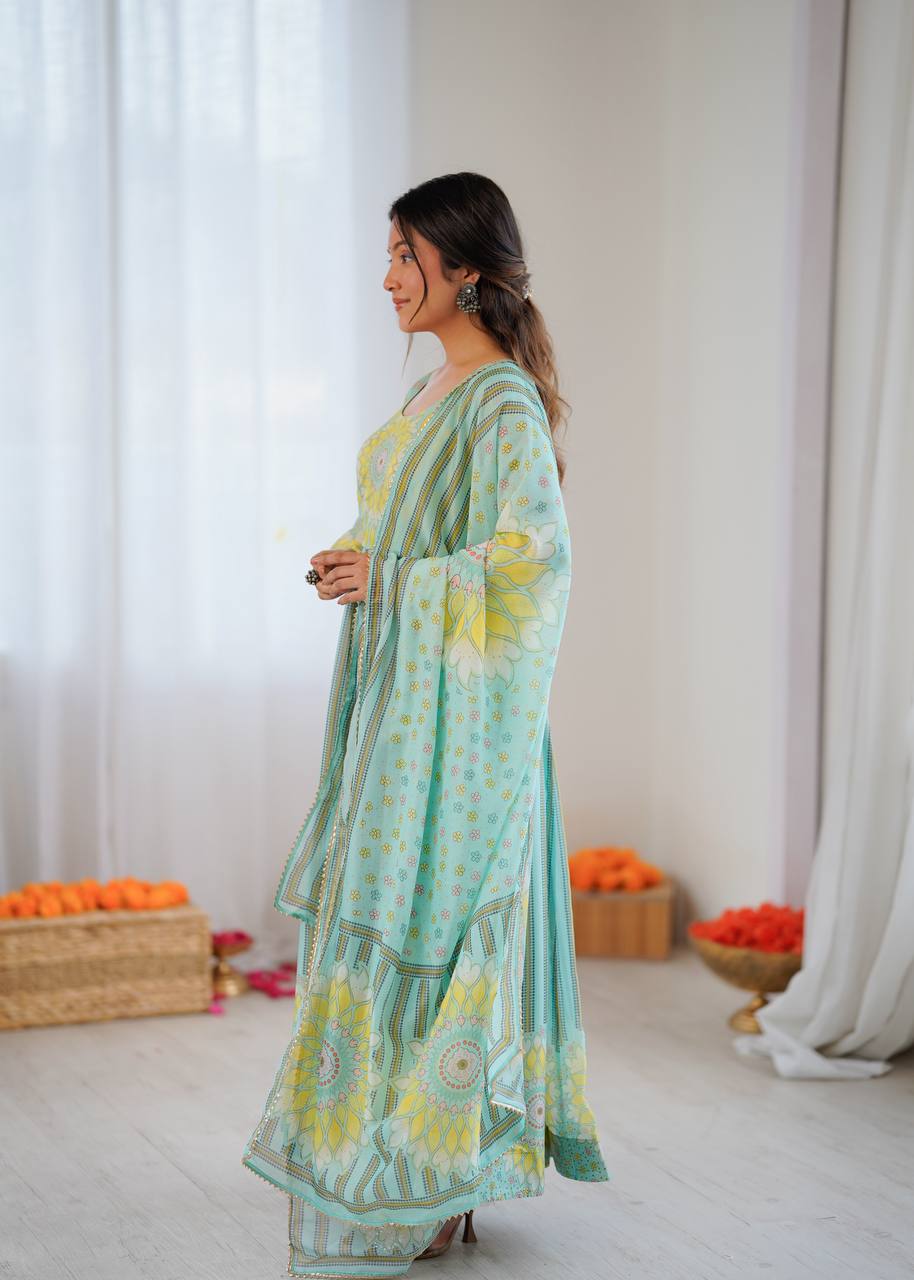 Sunkissed Floral Print Organza Gown with Dupatta and Pant