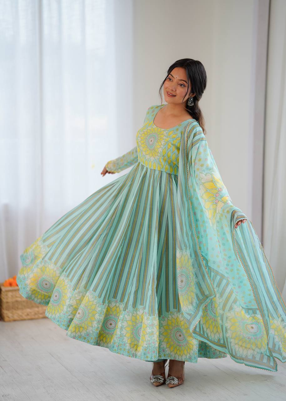 Sunkissed Floral Print Organza Gown with Dupatta and Pant