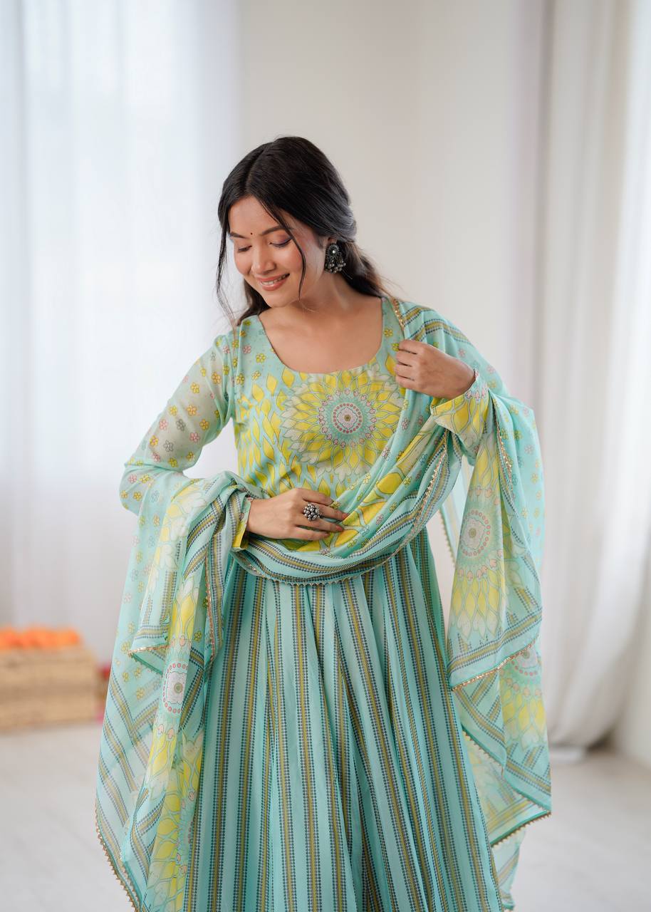 Sunkissed Floral Print Organza Gown with Dupatta and Pant