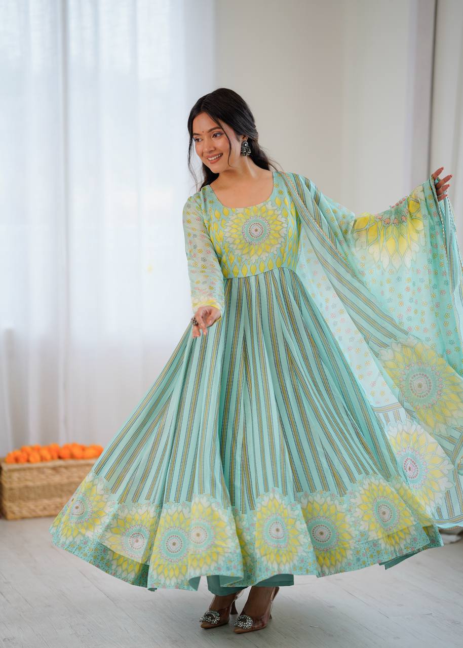 Sunkissed Floral Print Organza Gown with Dupatta and Pant