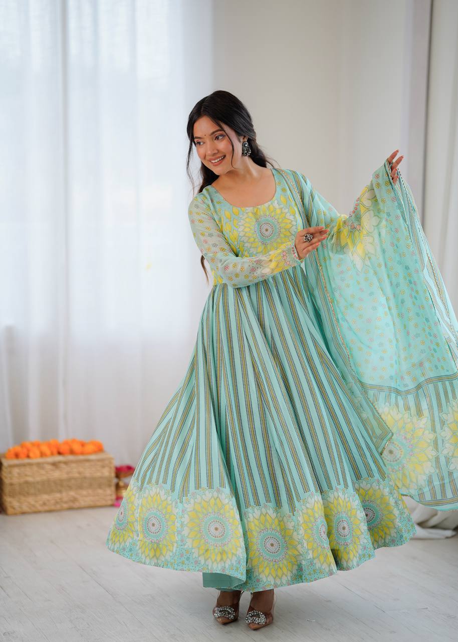 Sunkissed Floral Print Organza Gown with Dupatta and Pant