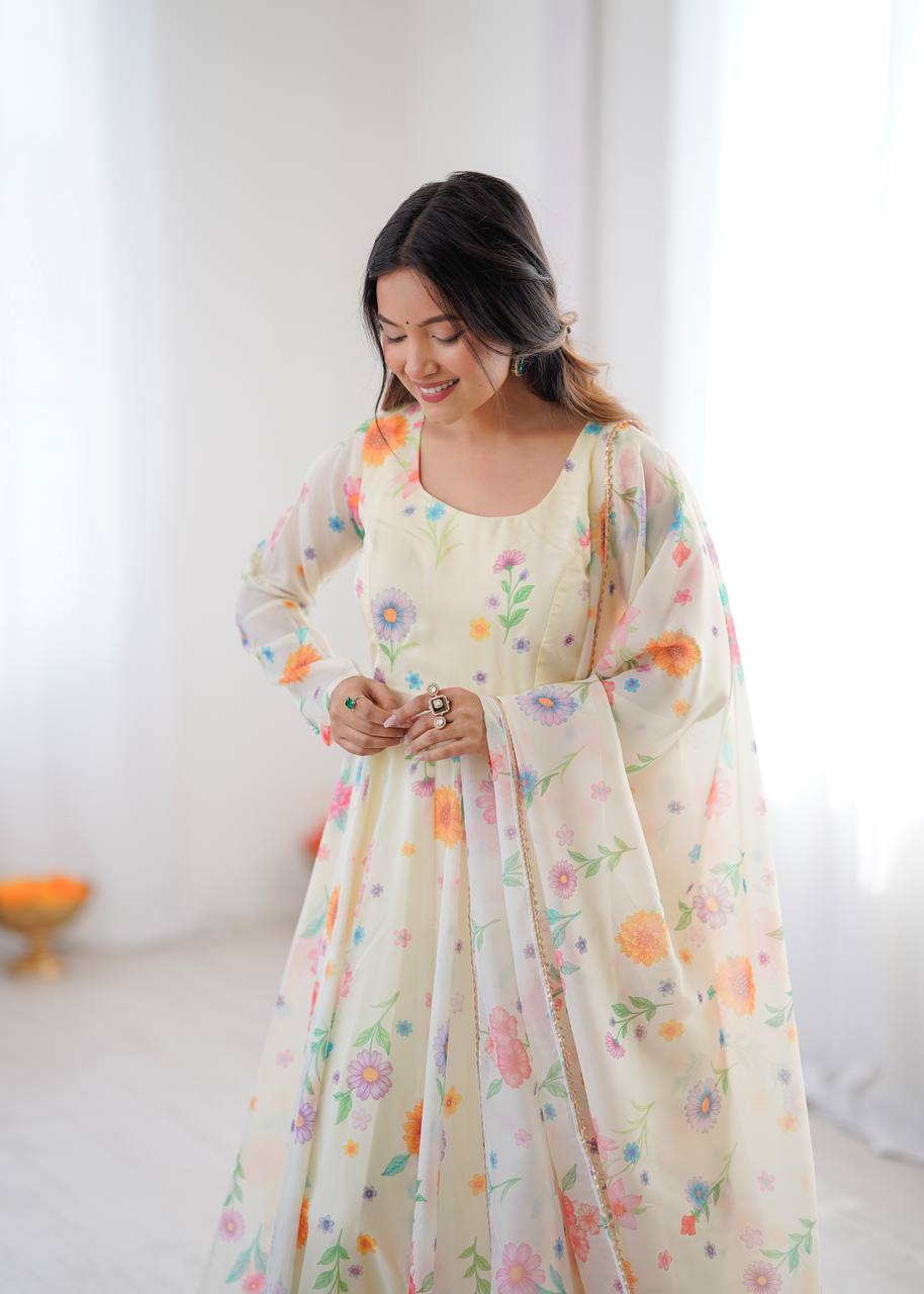 Sunkissed Floral Print Organza Gown with Pant and Dupatta
