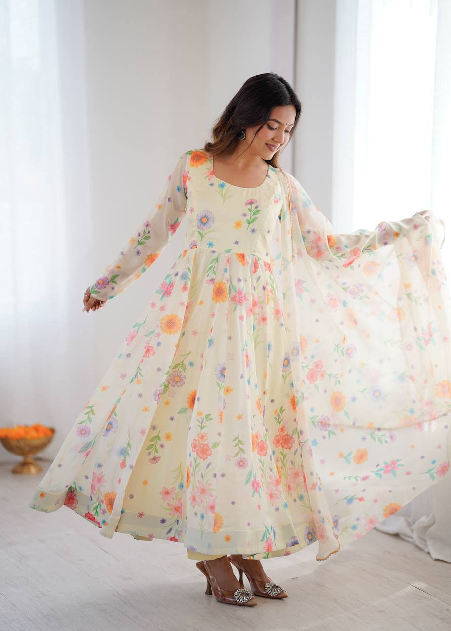 Sunkissed Floral Print Organza Gown with Pant and Dupatta
