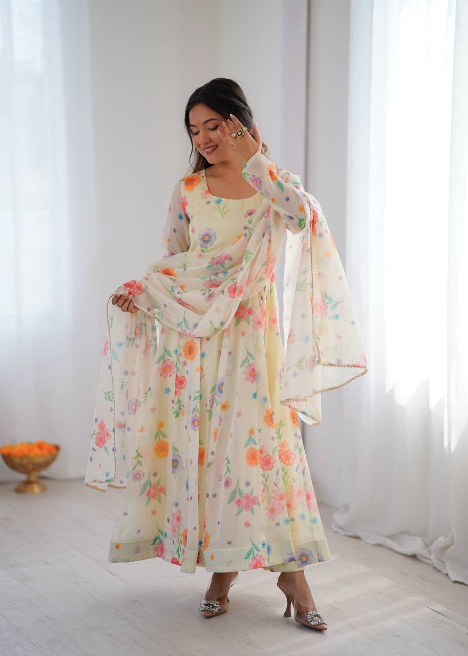 Sunkissed Floral Print Organza Gown with Pant and Dupatta