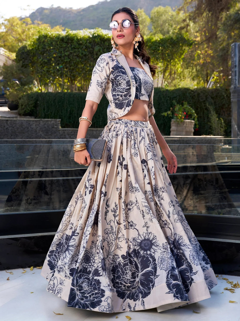 Cream Awesome Bottle Floral Print Tussar Silk Crop Top Lehenga With Jacket