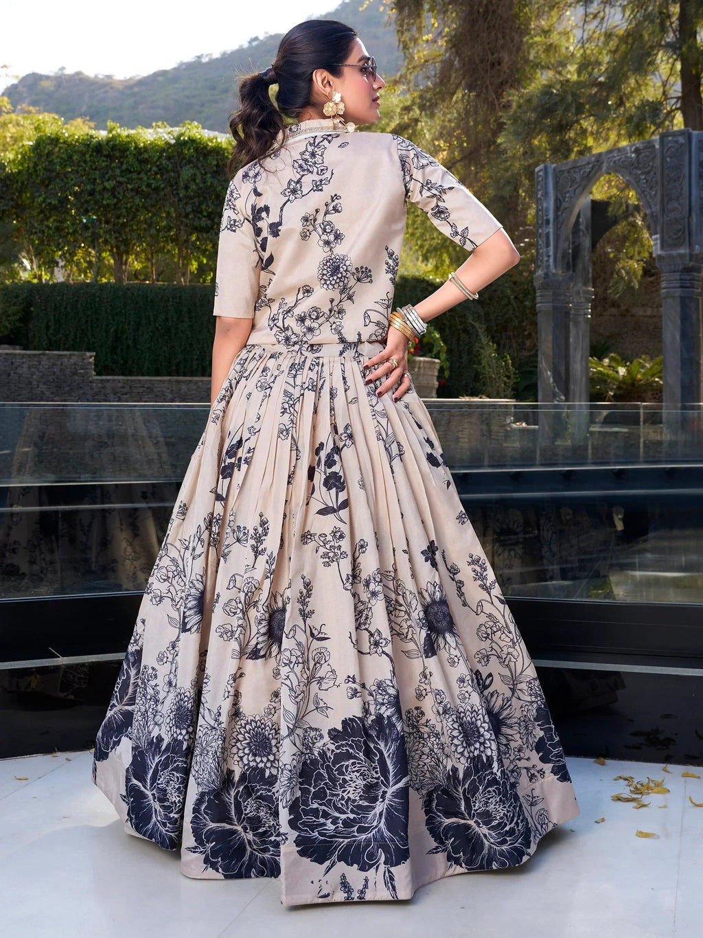 Cream Awesome Bottle Floral Print Tussar Silk Crop Top Lehenga With Jacket