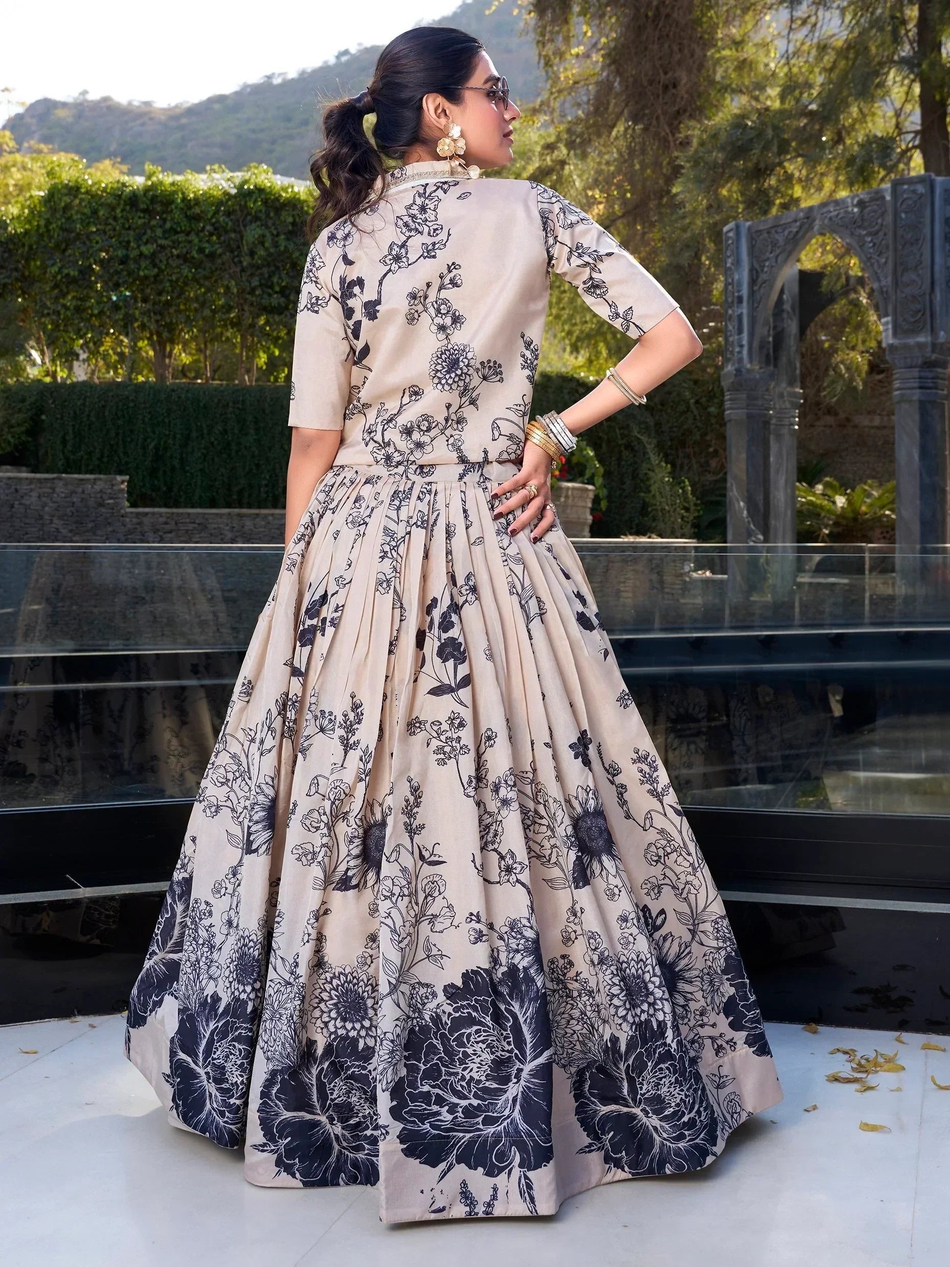 Cream Awesome Bottle Floral Print Tussar Silk Crop Top Lehenga With Jacket