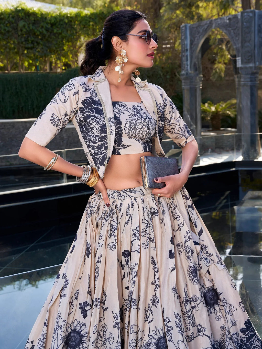 Cream Awesome Bottle Floral Print Tussar Silk Crop Top Lehenga With Jacket