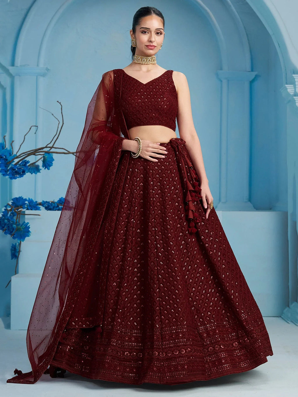 Superior Maroon Sequins Georgette Reception Wear Lehenga With Blouse