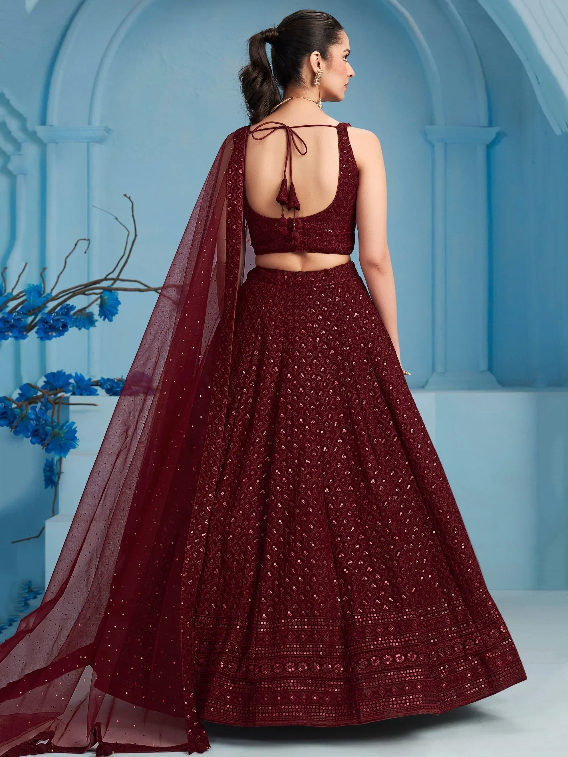 Superior Maroon Sequins Georgette Reception Wear Lehenga With Blouse