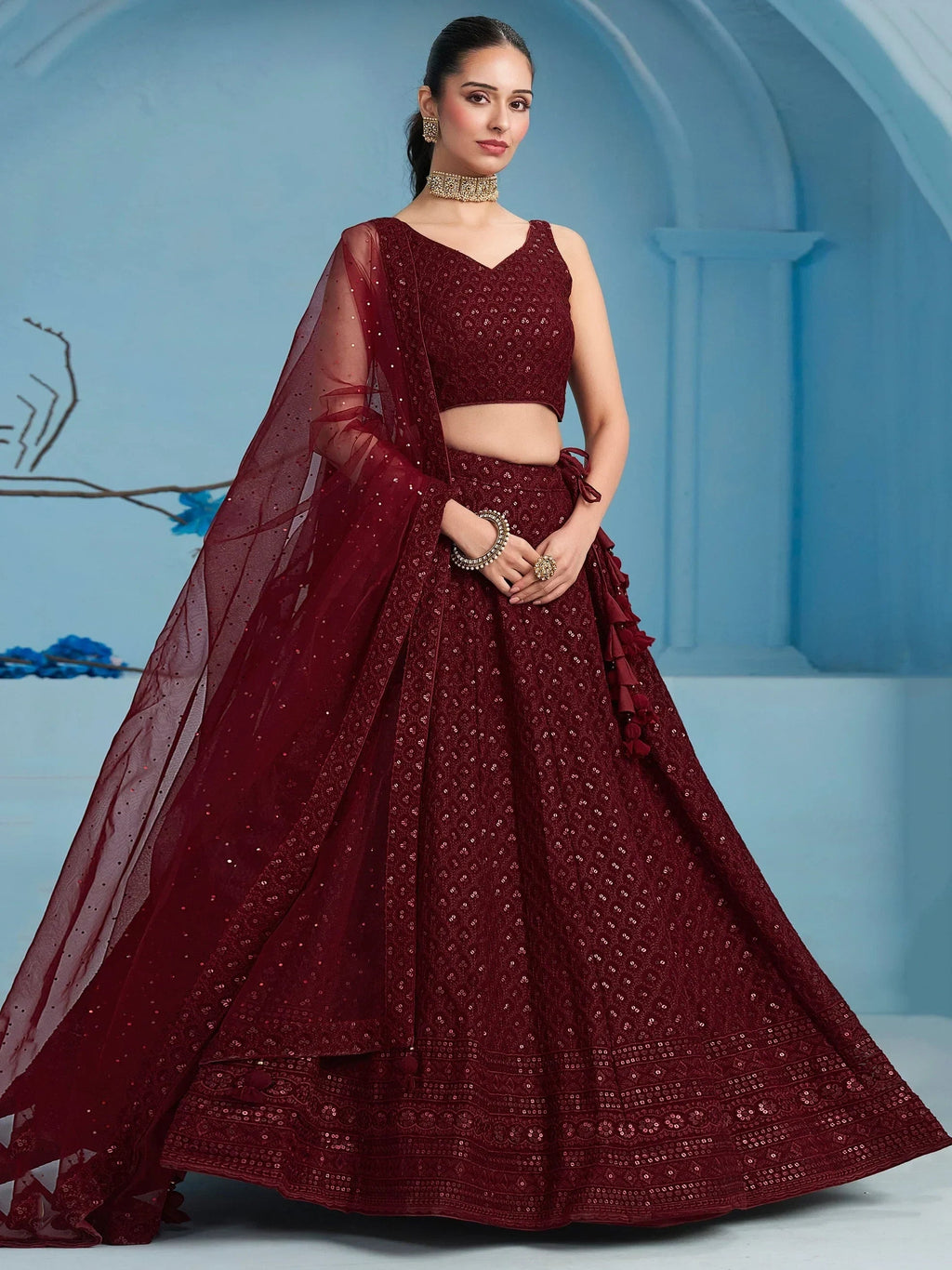 Superior Maroon Sequins Georgette Reception Wear Lehenga With Blouse