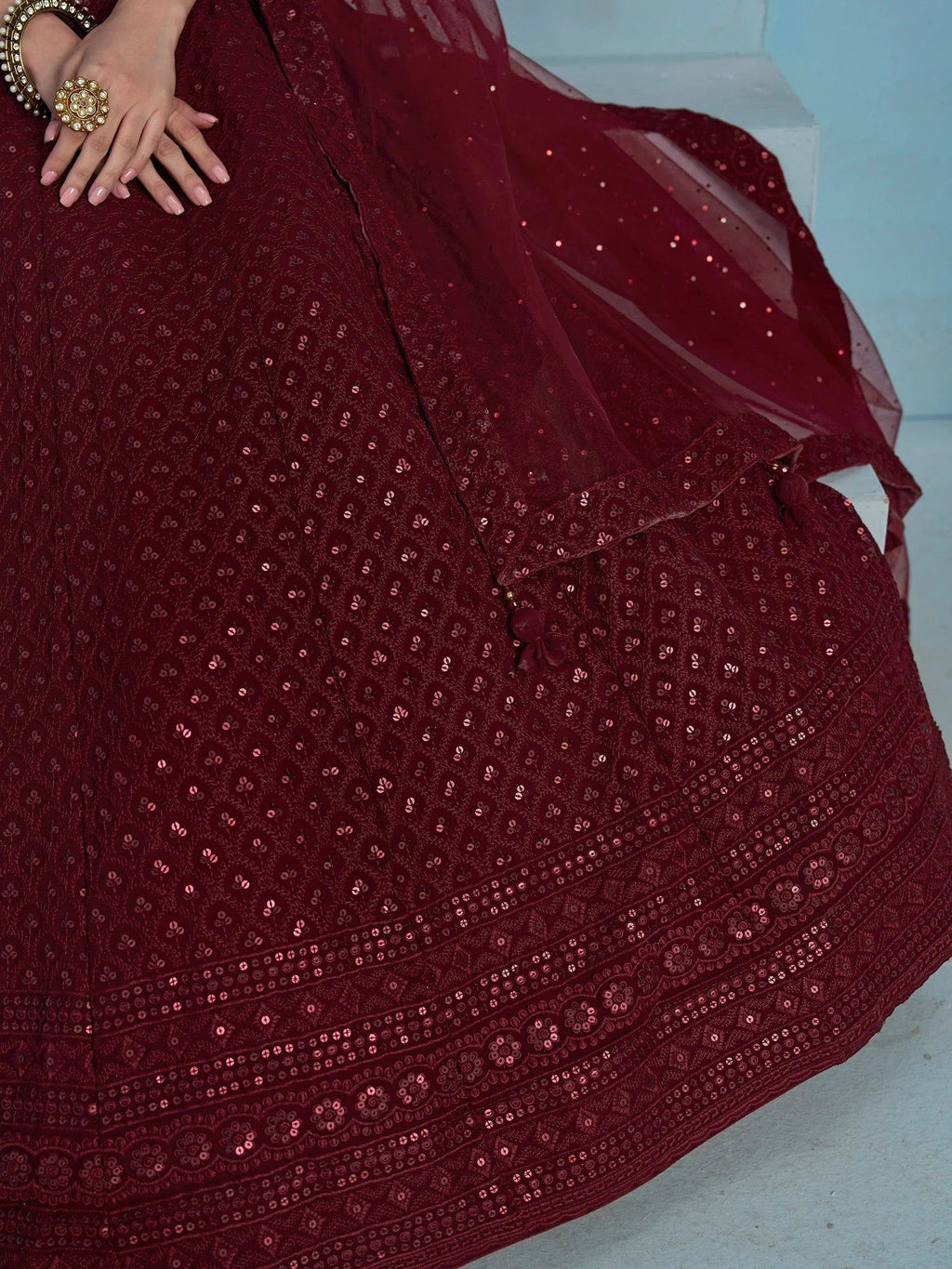 Superior Maroon Sequins Georgette Reception Wear Lehenga With Blouse