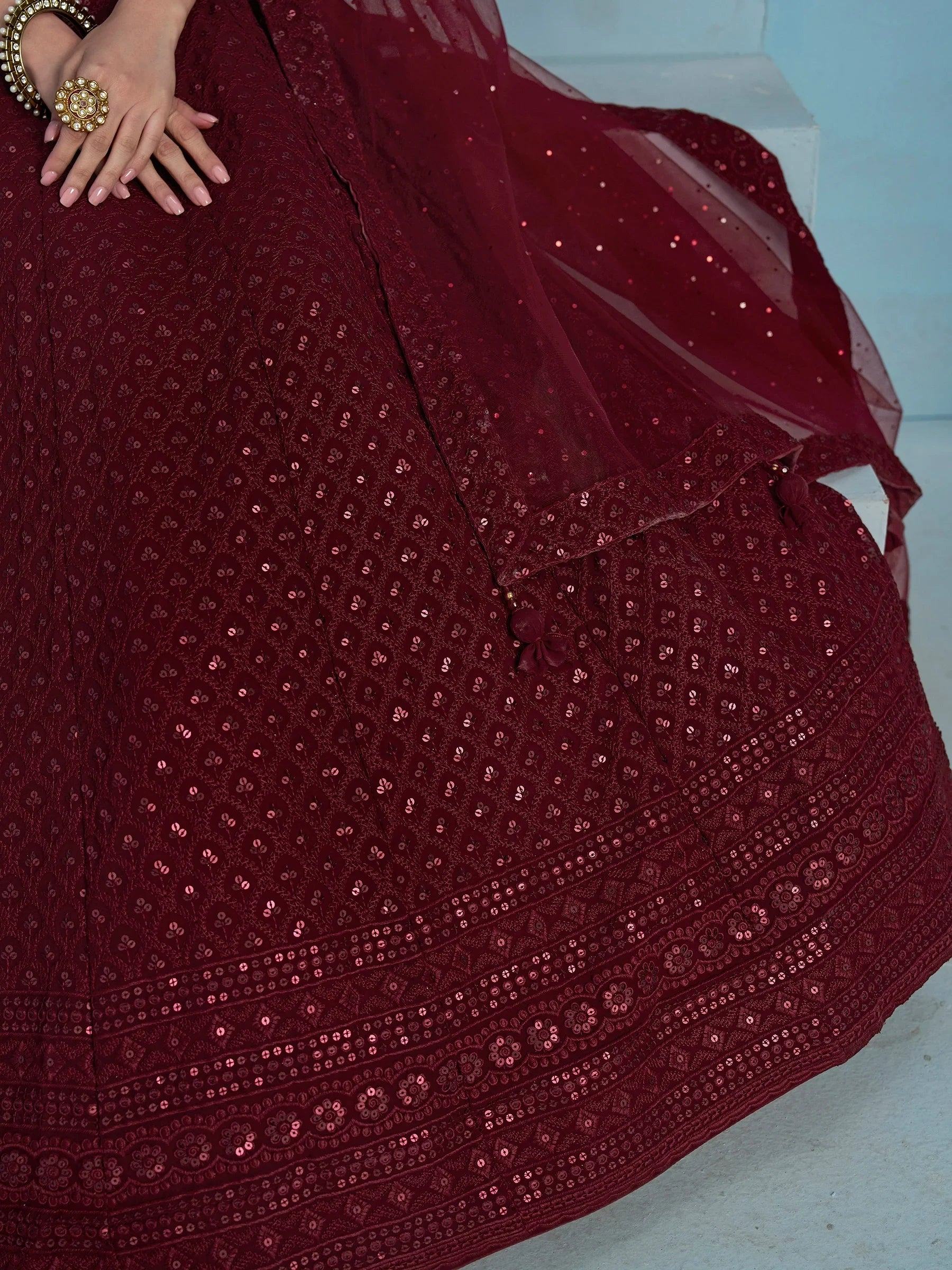 Superior Maroon Sequins Georgette Reception Wear Lehenga With Blouse