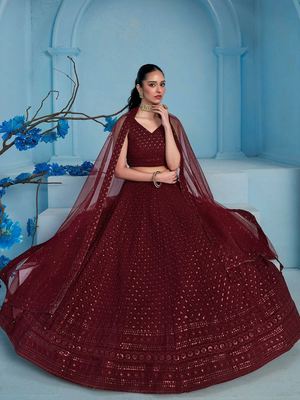 Superior Maroon Sequins Georgette Reception Wear Lehenga With Blouse