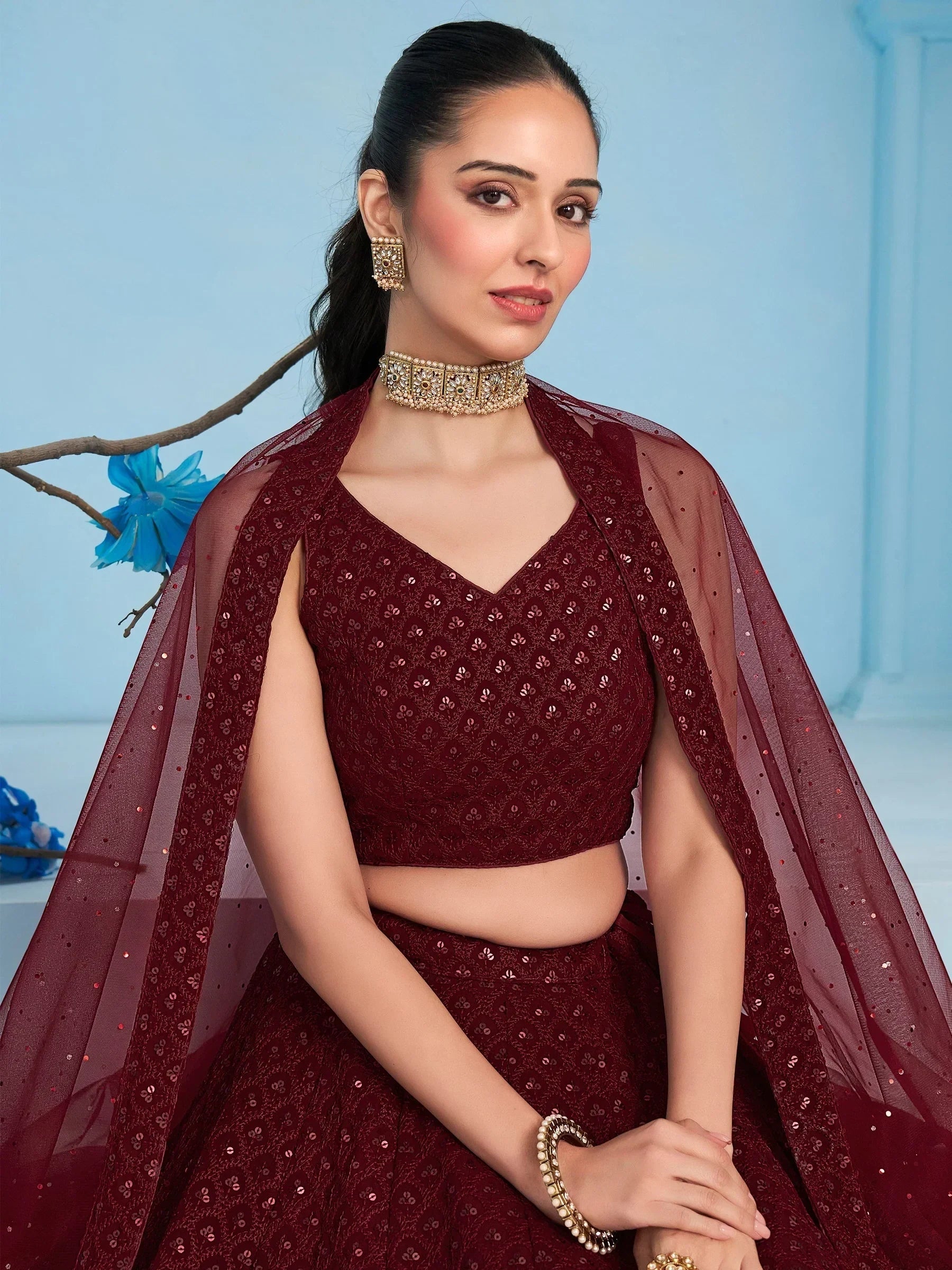 Superior Maroon Sequins Georgette Reception Wear Lehenga With Blouse