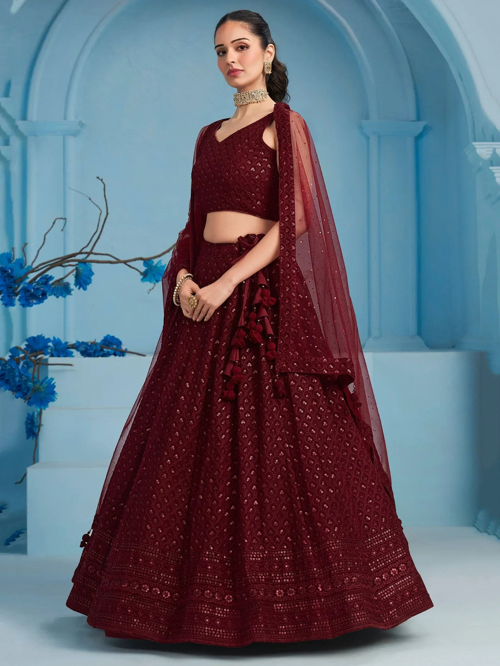 Superior Maroon Sequins Georgette Reception Wear Lehenga With Blouse