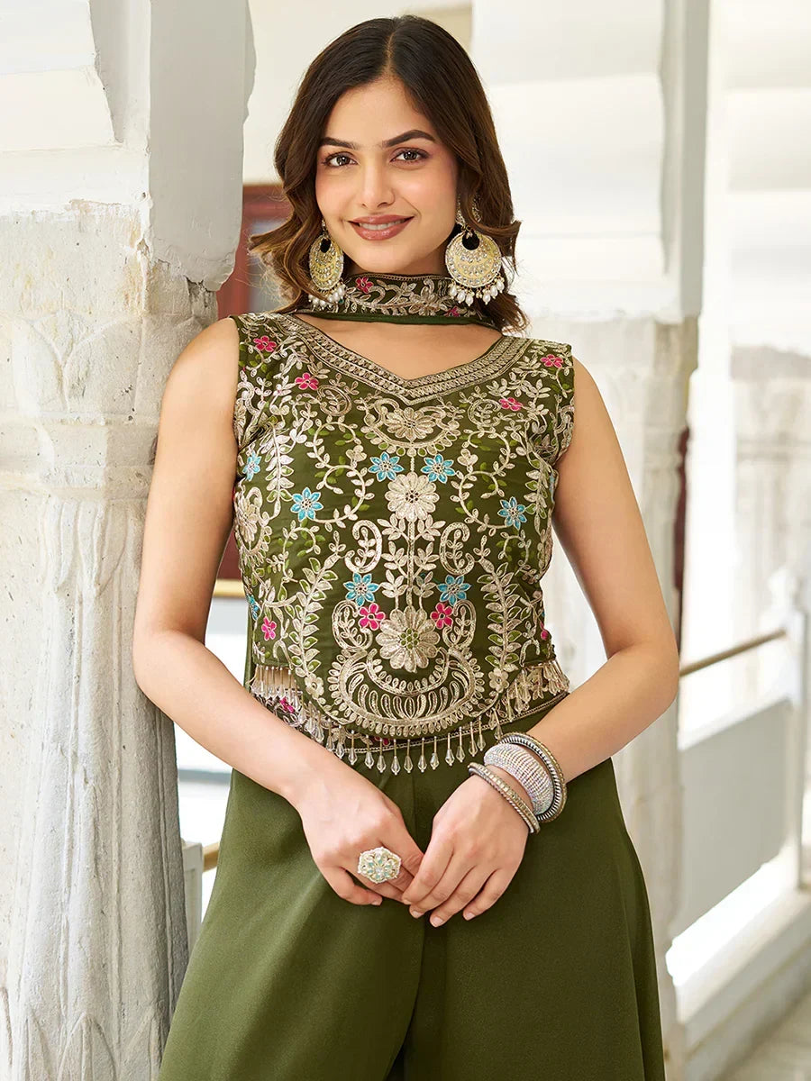 Sweet Green Thread Embroidered Mehendi Wear Palazzo Suit