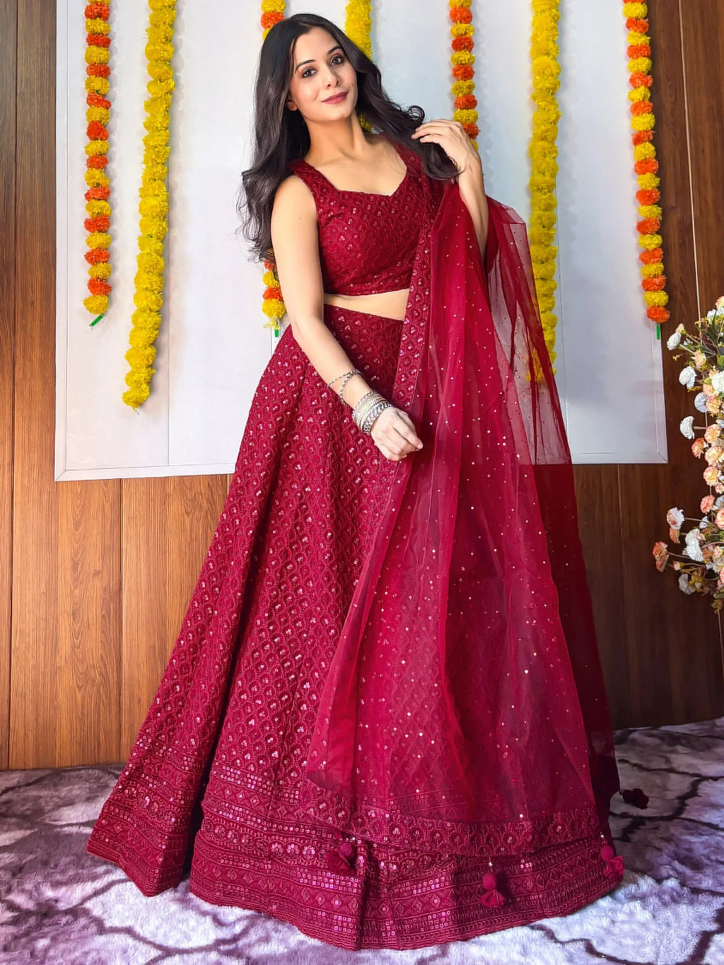 Sweet Maroon Sequins Georgette Festival Wear Lehenga Choli