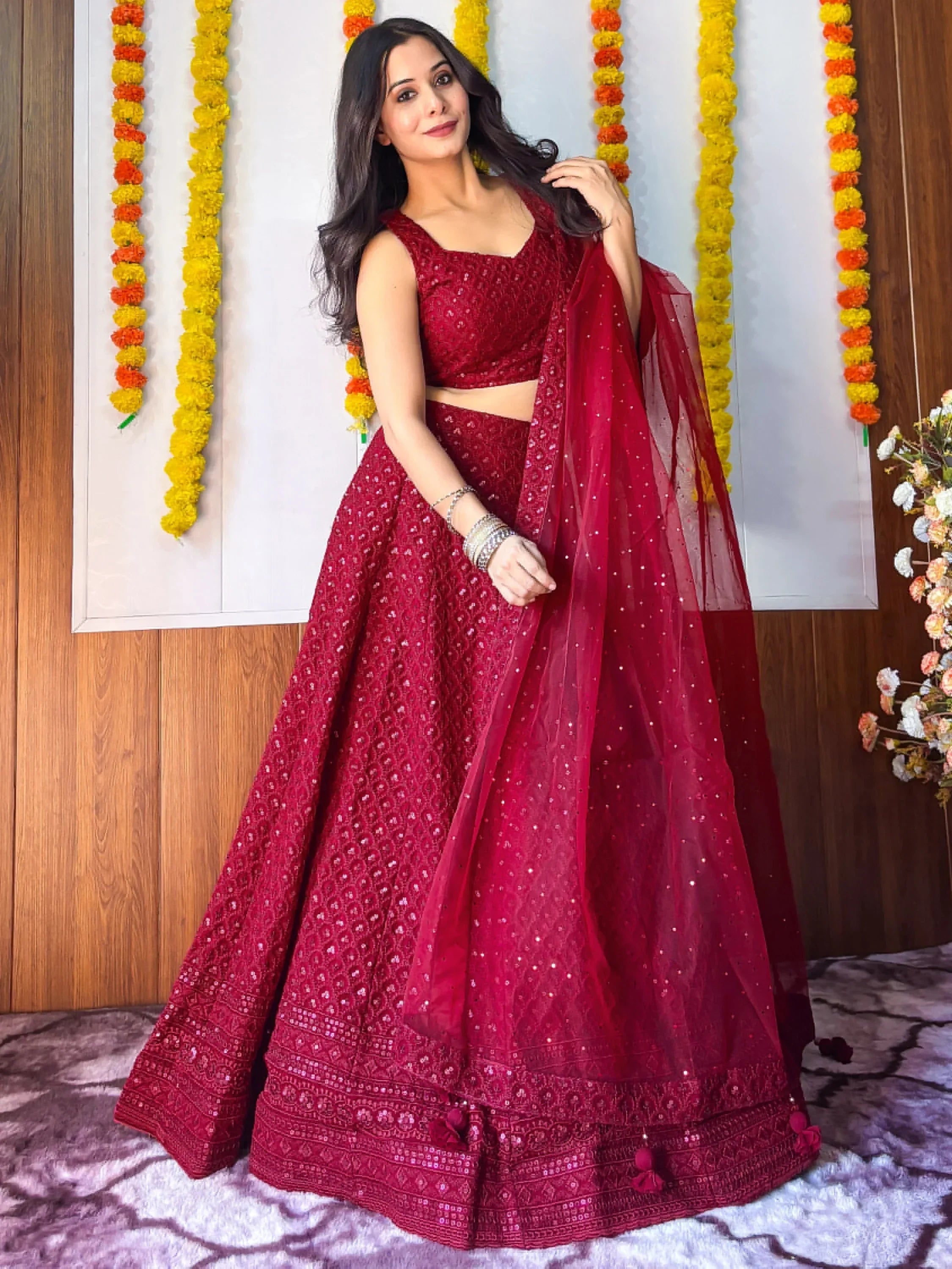Sweet Maroon Sequins Georgette Festival Wear Lehenga Choli
