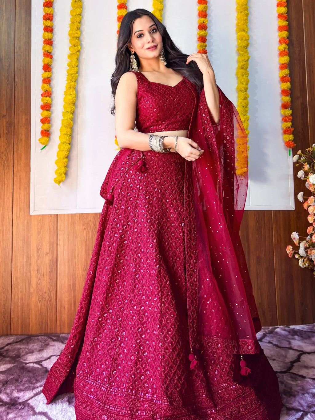 Sweet Maroon Sequins Georgette Festival Wear Lehenga Choli