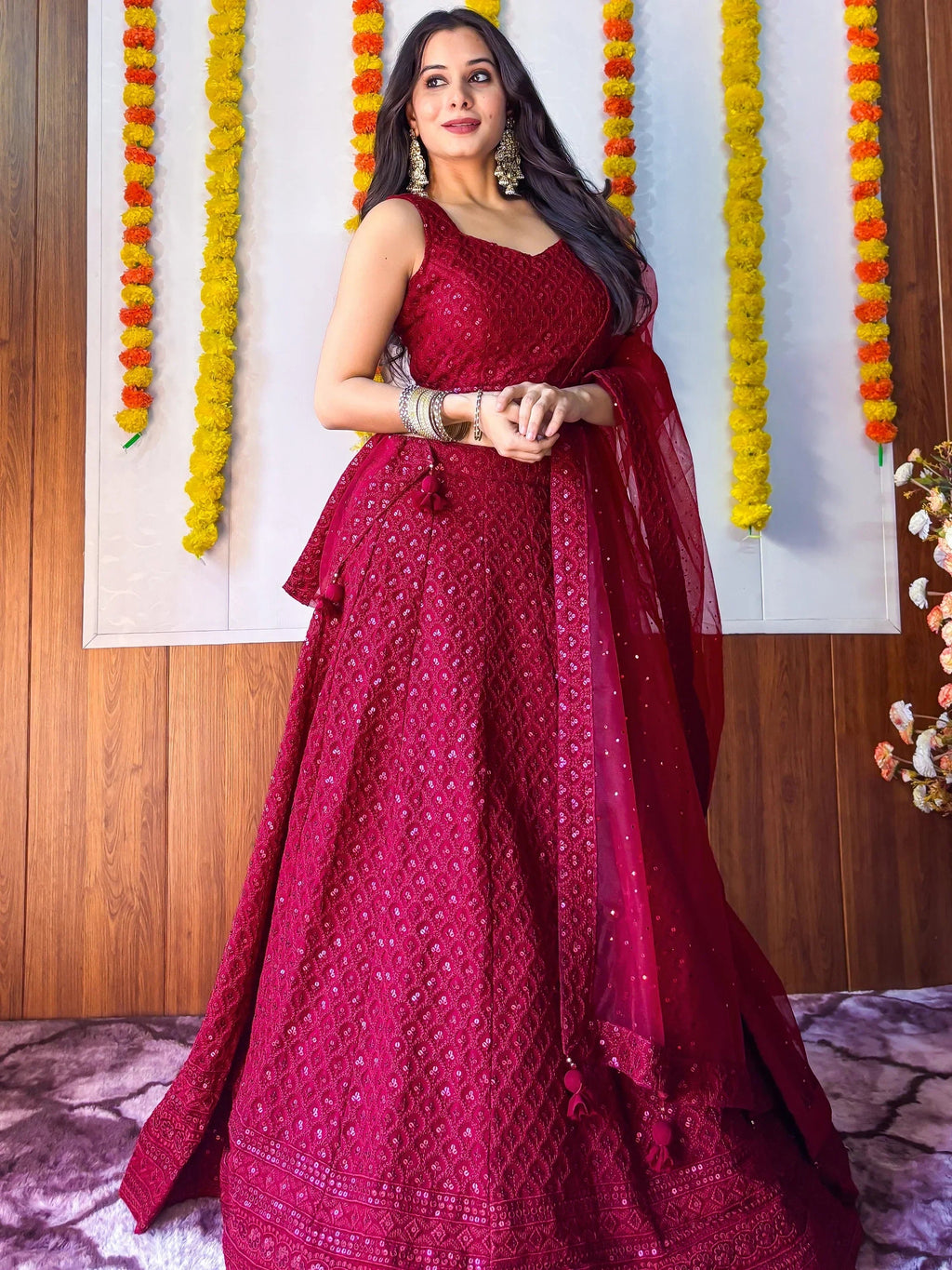 Sweet Maroon Sequins Georgette Festival Wear Lehenga Choli