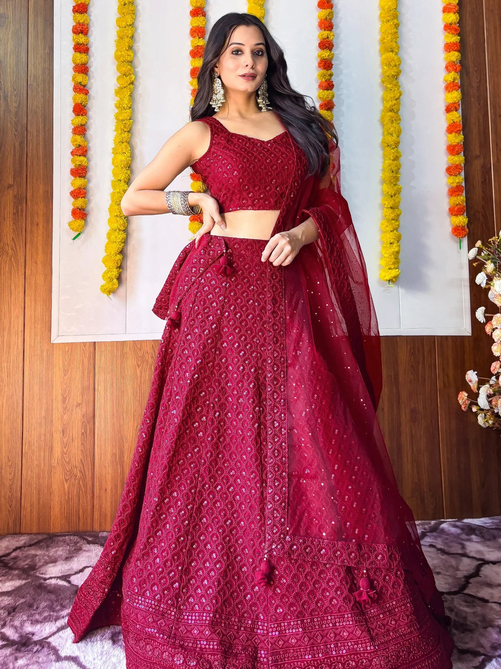 Sweet Maroon Sequins Georgette Festival Wear Lehenga Choli
