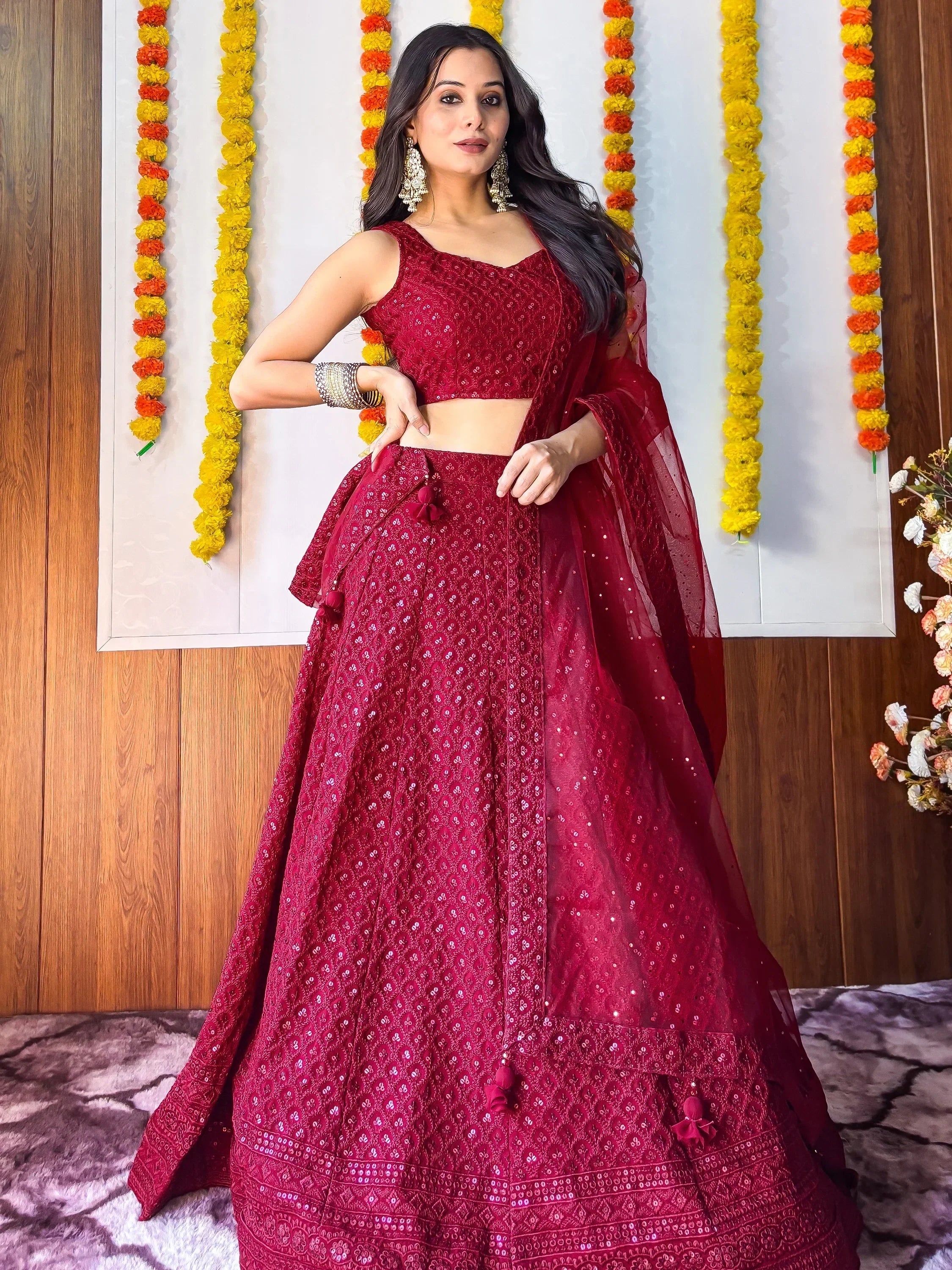Sweet Maroon Sequins Georgette Festival Wear Lehenga Choli