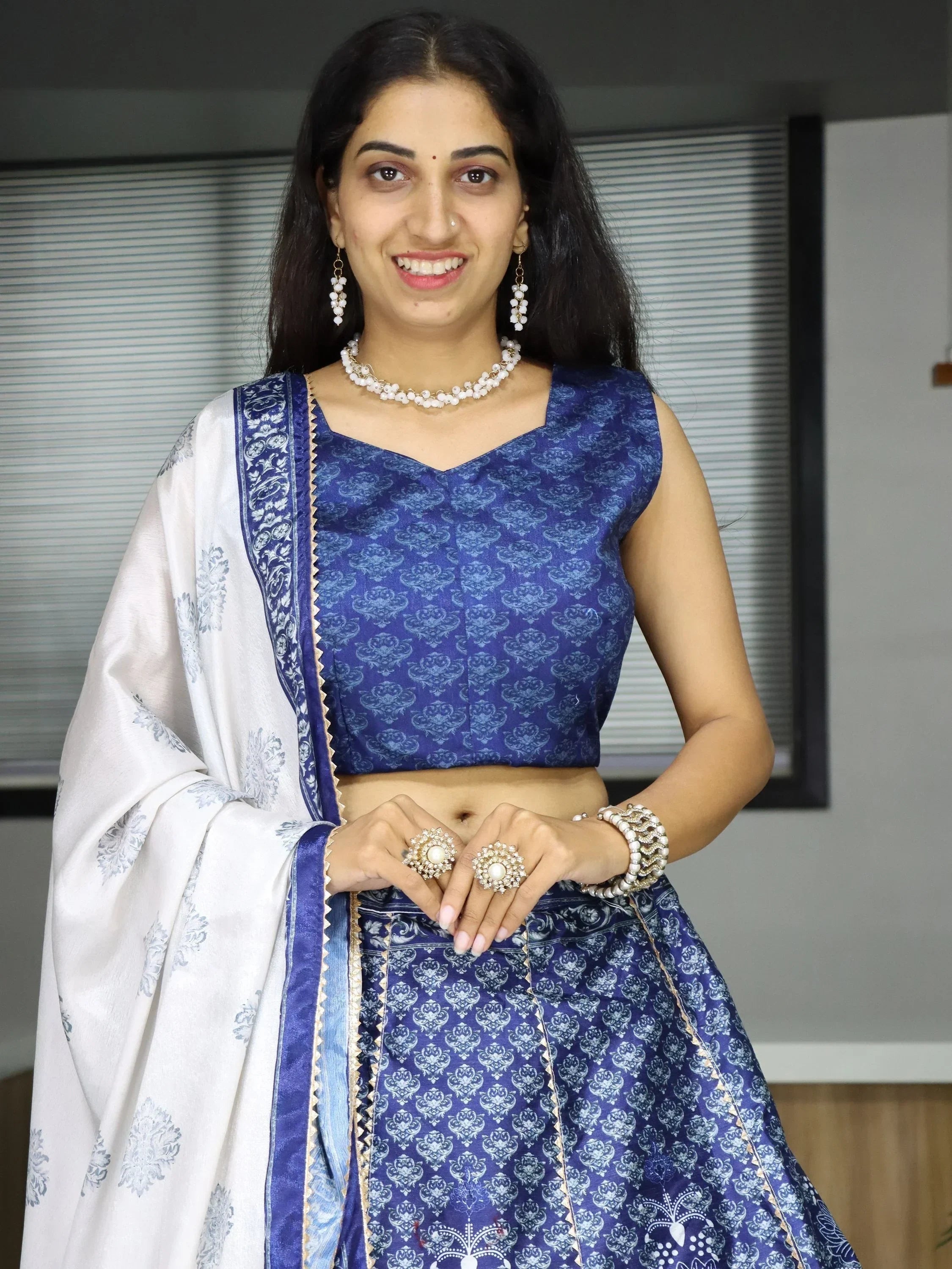 Navy Sweet Printed Art Silk Event Wear Lehenga Choli With Dupatta