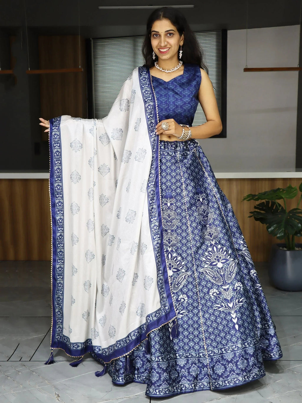 Navy Sweet Printed Art Silk Event Wear Lehenga Choli With Dupatta