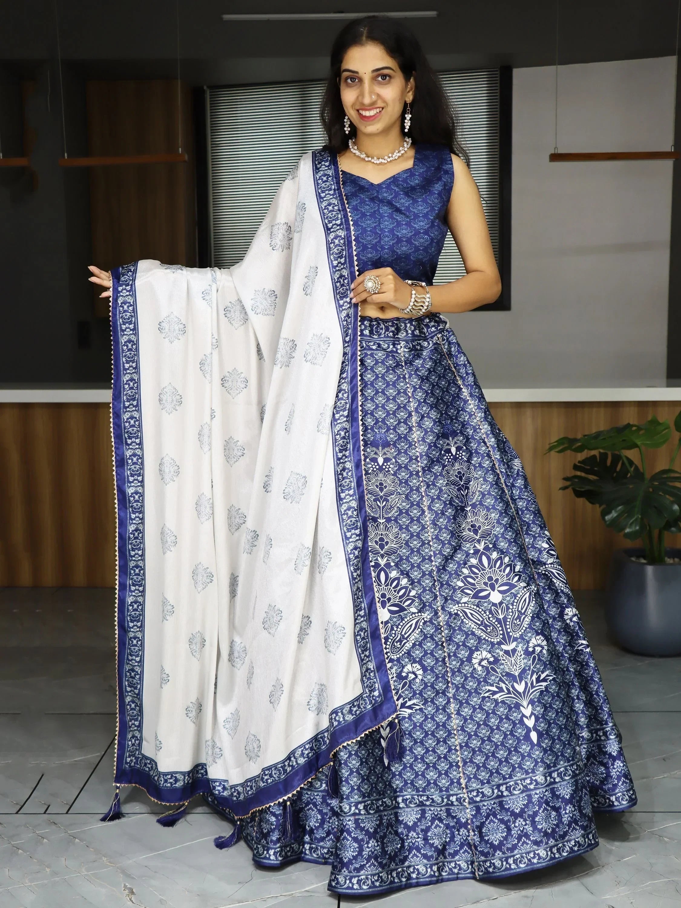 Navy Sweet Printed Art Silk Event Wear Lehenga Choli With Dupatta